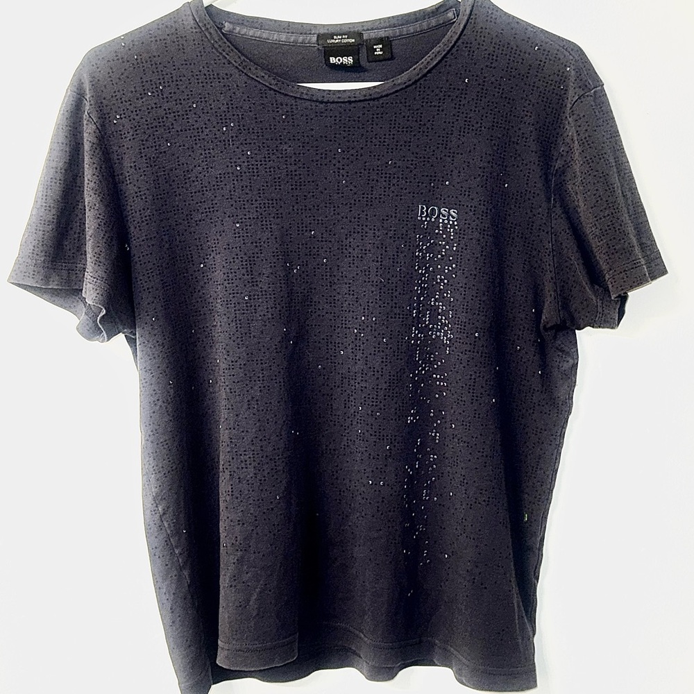 Hugo Boss luxury cotton pixilated square design T shirt slim fit men’s small